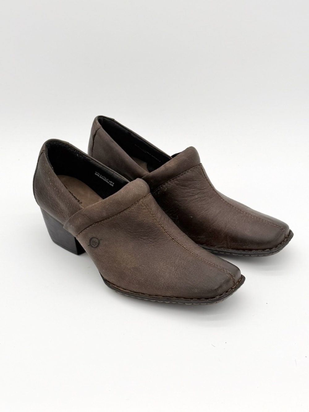 Born Kinney Brown Leather Heeled Clogs Shooties Slip On Shoes Square Toe 9 40.5